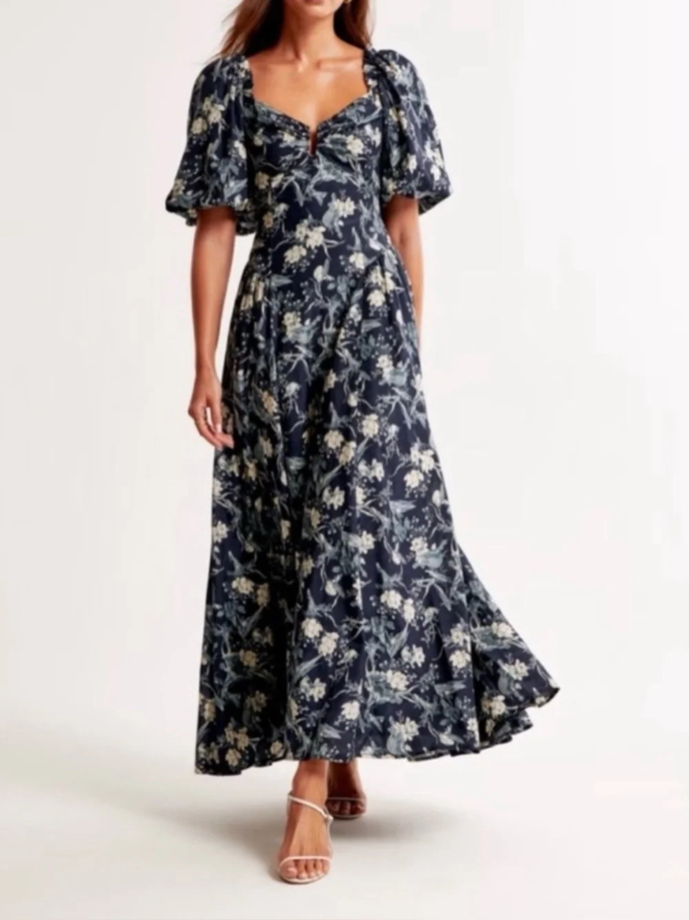 Abercrombie Hardware Drama Puff Sleeve Maxi Dress Navy Floral Dress XS Tall - Picture 1 of 7